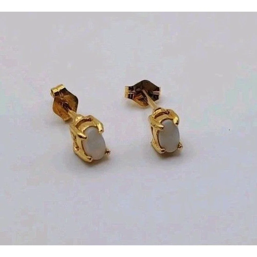 Sterling Silver Gold-Tone Stud Oval White Faux Opal Earrings - Picture 2 of 6
